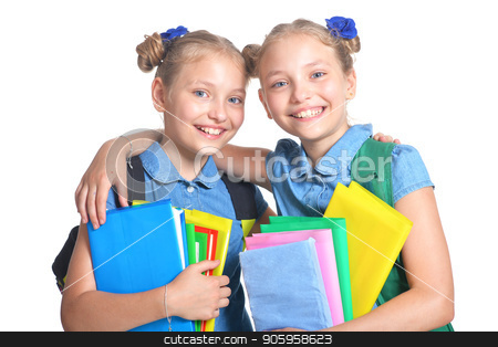 To use this stock image in your creative project, please select the size you need over to the right and click the "Add to Cart" button.
Your downloaded image will come with the Cutcaster watermark removed so don’t worry about the watermark you see on this page. Cute schoolgirls with backpacks stock photo, Cute schoolgirls with backpacks and books posing isolated on white background by Ruslan Huzau