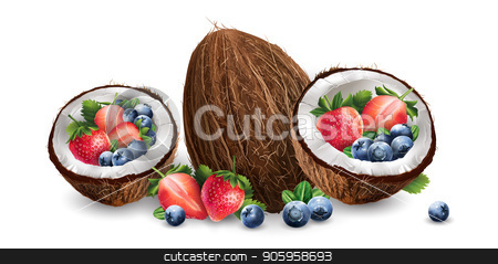 To use this stock image in your creative project, please select the size you need over to the right and click the "Add to Cart" button.
Your downloaded image will come with the Cutcaster watermark removed so don’t worry about the watermark you see on this page. Coconut, blueberries and strawberry stock vector clipart, Coconut, blueberries and strawberry on a white background. by ConceptCafe