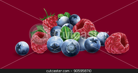 To use this stock image in your creative project, please select the size you need over to the right and click the "Add to Cart" button.
Your downloaded image will come with the Cutcaster watermark removed so don’t worry about the watermark you see on this page. Raspberries, blueberries and strawberries stock vector clipart, Raspberries, blueberries and strawberries on a red background. by ConceptCafe