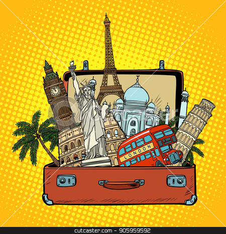 To use this stock image in your creative project, please select the size you need over to the right and click the "Add to Cart" button.
Your downloaded image will come with the Cutcaster watermark removed so don’t worry about the watermark you see on this page. Suitcase with world landmarks.Tourism and travel concept stock vector clipart, Suitcase with world landmarks.Tourism and travel concept. Comic cartoon pop art retro vector illustration drawing by rogistok