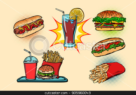 To use this stock image in your creative project, please select the size you need over to the right and click the "Add to Cart" button.
Your downloaded image will come with the Cutcaster watermark removed so don’t worry about the watermark you see on this page. fast food set collection hot dog Burger Cola French fries drink stock vector clipart, fast food set collection hot dog Burger Cola French fries drink. Comic cartoon pop art retro vector illustration drawing by rogistok