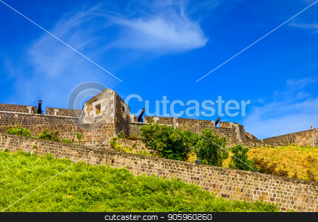 To use this stock image in your creative project, please select the size you need over to the right and click the "Add to Cart" button.
Your downloaded image will come with the Cutcaster watermark removed so don’t worry about the watermark you see on this page. Three Cannons on Fort Wall stock photo, Part of an old fortress in the tropics by Darryl Brooks