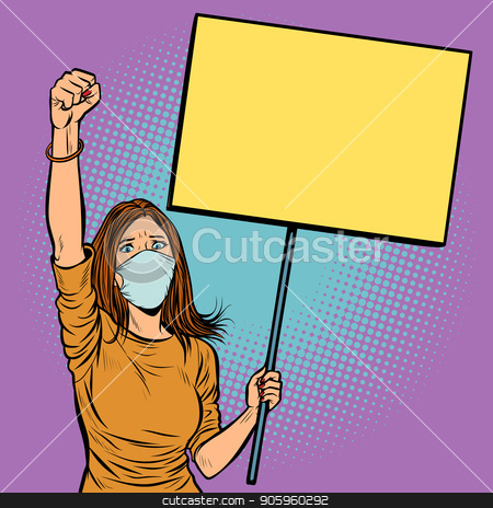 To use this stock image in your creative project, please select the size you need over to the right and click the "Add to Cart" button.
Your downloaded image will come with the Cutcaster watermark removed so don’t worry about the watermark you see on this page. woman in medical mask protests with a poster stock vector clipart, woman in medical mask protests with a poster. Pop art retro vector illustration vintage kitsch drawing by studiostoks