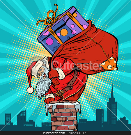 To use this stock image in your creative project, please select the size you need over to the right and click the "Add to Cart" button.
Your downloaded image will come with the Cutcaster watermark removed so don’t worry about the watermark you see on this page. Santa Claus with bag of presents climbing into the chimney stock vector clipart, Santa Claus with bag of presents climbing into the chimney. Pop art retro vector illustration vintage kitsch drawing by studiostoks
