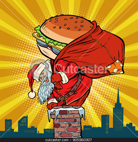To use this stock image in your creative project, please select the size you need over to the right and click the "Add to Cart" button.
Your downloaded image will come with the Cutcaster watermark removed so don’t worry about the watermark you see on this page. Santa Claus with a Burger climbs into the chimney. Food delivery stock vector clipart, Santa Claus with a Burger climbs into the chimney. Food delivery. Pop art retro vector illustration vintage kitsch drawing by studiostoks