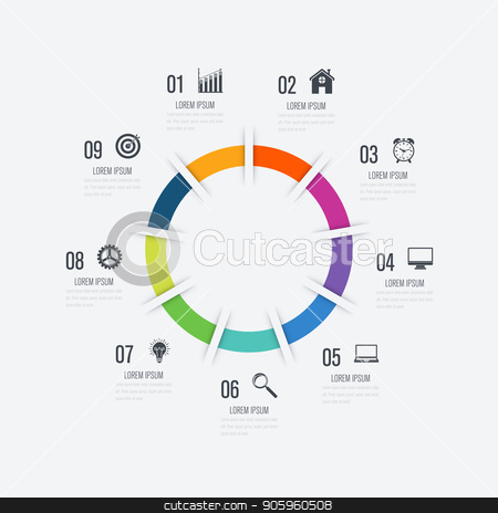 To use this stock image in your creative project, please select the size you need over to the right and click the "Add to Cart" button.
Your downloaded image will come with the Cutcaster watermark removed so don’t worry about the watermark you see on this page. Infographics template 9 options with circle stock vector clipart, Infographics template 9 options with circle. Data and information visualization. Dynamic infographics stylish geometric. element for design business invitations, gift cards, flyers and brochures by Amelisk