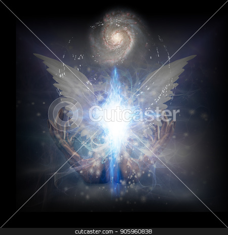 To use this stock image in your creative project, please select the size you need over to the right and click the "Add to Cart" button.
Your downloaded image will come with the Cutcaster watermark removed so don’t worry about the watermark you see on this page. Moment of creation stock photo, Surreal digital art. Bright star with white angel's wings. Hands of creator. Energy in shape of cross. Spiral galaxy in endless universe. by Bruce Rolff