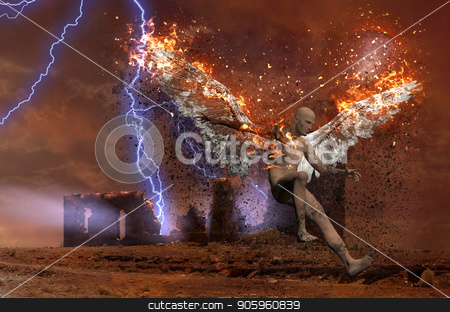 To use this stock image in your creative project, please select the size you need over to the right and click the "Add to Cart" button.
Your downloaded image will come with the Cutcaster watermark removed so don’t worry about the watermark you see on this page. Fallen Angel stock photo, Surreal digital art. Lightning strikes spooky ruins. Naked man with burning wings symbolizes fallen angel. by Bruce Rolff