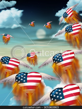 To use this stock image in your creative project, please select the size you need over to the right and click the "Add to Cart" button.
Your downloaded image will come with the Cutcaster watermark removed so don’t worry about the watermark you see on this page. Flaming hearts stock photo, Winged flaming hearts in USA national colors fly into the sky by Bruce Rolff
