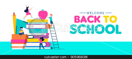 Back To School Web Banner Of Children And Books Stock Vector