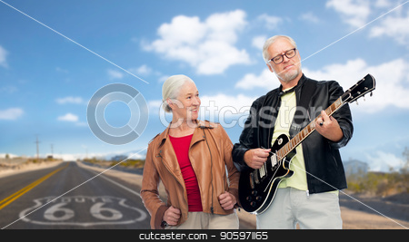 To use this stock image in your creative project, please select the size you need over to the right and click the "Add to Cart" button.
Your downloaded image will come with the Cutcaster watermark removed so don’t worry about the watermark you see on this page. senior couple with electric guitar over route 66 stock photo, rock music, old age and travel concept - happy senior couple with electric guitar over us route 66 background by Syda Productions