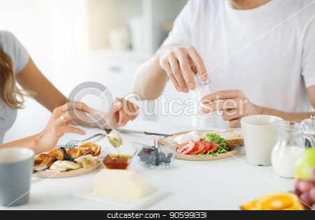 To use this stock image in your creative project, please select the size you need over to the right and click the "Add to Cart" button.
Your downloaded image will come with the Cutcaster watermark removed so don’t worry about the watermark you see on this page. close up of couple having breakfast at home stock photo, food and eating concept - close up of couple having breakfast at home by Syda Productions