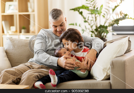 To use this stock image in your creative project, please select the size you need over to the right and click the "Add to Cart" button.
Your downloaded image will come with the Cutcaster watermark removed so don’t worry about the watermark you see on this page. happy father with preteen and baby son at home stock photo, family, fatherhood and people concept - happy father with preteen and baby son at home by Syda Productions