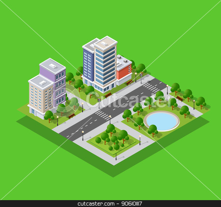 To use this stock image in your creative project, please select the size you need over to the right and click the "Add to Cart" button.
Your downloaded image will come with the Cutcaster watermark removed so don’t worry about the watermark you see on this page. Isometric city block stock vector clipart, Isometric city block and urban infrastructure of houses, streets and trees. by Alexander Zelnitskiy