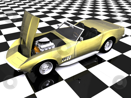 To use this stock image in your creative project, please select the size you need over to the right and click the "Add to Cart" button.
Your downloaded image will come with the Cutcaster watermark removed so don’t worry about the watermark you see on this page. 3d golden sports car hood up stock photo, 3d golden sports car with hood up on showroom checkered floor by John Teeter