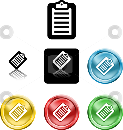 To use this stock image in your creative project, please select the size you need over to the right and click the "Add to Cart" button.
Your downloaded image will come with the Cutcaster watermark removed so don’t worry about the watermark you see on this page. Clipboard icon symbol stock photo, Several versions of an icon symbol of a stylised clipboard with document on it by Christos Georghiou