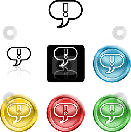 To use this stock image in your creative project, please select the size you need over to the right and click the "Add to Cart" button.
Your downloaded image will come with the Cutcaster watermark removed so don’t worry about the watermark you see on this page. Exclamation mark icon symbol stock photo, Several versions of an icon symbol of a stylised exclamtion mark in a speach bubble by Christos Georghiou