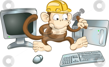 To use this stock image in your creative project, please select the size you need over to the right and click the "Add to Cart" button.
Your downloaded image will come with the Cutcaster watermark removed so don’t worry about the watermark you see on this page. Construction monkey stock photo, An illustration of a monkey in a hard hat trying to fix a computer with a hammer. Perhaps a by Christos Georghiou