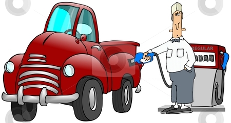 To use this stock image in your creative project, please select the size you need over to the right and click the "Add to Cart" button.
Your downloaded image will come with the Cutcaster watermark removed so don’t worry about the watermark you see on this page. Gas Station Attendant stock photo, This illustration depicts a gas station attendant putting gas into an old red truck. by Dennis Cox