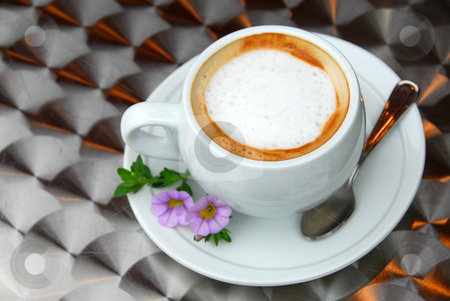 To use this stock image in your creative project, please select the size you need over to the right and click the "Add to Cart" button.
Your downloaded image will come with the Cutcaster watermark removed so don’t worry about the watermark you see on this page. Cup of coffee stock photo, Cup of coffee with flowers on saucer on a table with metallic surface by Elena Elisseeva