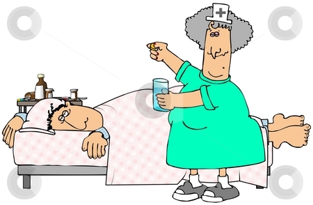 To use this stock image in your creative project, please select the size you need over to the right and click the "Add to Cart" button.
Your downloaded image will come with the Cutcaster watermark removed so don’t worry about the watermark you see on this page. Sick Patient stock photo, This illustration depicts a nurse giving a pill to a sick man in bed. by Dennis Cox