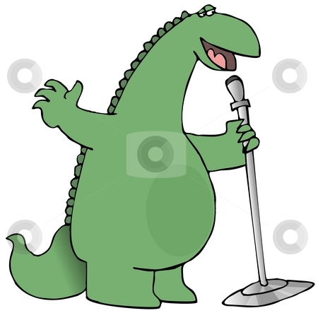 To use this stock image in your creative project, please select the size you need over to the right and click the "Add to Cart" button.
Your downloaded image will come with the Cutcaster watermark removed so don’t worry about the watermark you see on this page. Singing Dinosaur stock photo, This illustration depicts a green dinosaur singing into a microphone. by Dennis Cox
