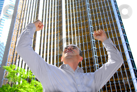 To use this stock image in your creative project, please select the size you need over to the right and click the "Add to Cart" button.
Your downloaded image will come with the Cutcaster watermark removed so don’t worry about the watermark you see on this page. Businessman truimph stock photo, Triumphant businessman in the city raising arms in victory by Elena Elisseeva