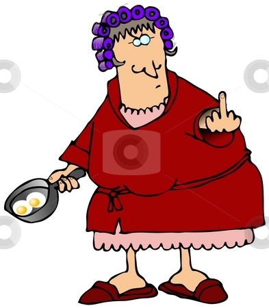 To use this stock image in your creative project, please select the size you need over to the right and click the "Add to Cart" button.
Your downloaded image will come with the Cutcaster watermark removed so don’t worry about the watermark you see on this page. Angry Housewife stock photo, This illustration depicts a woman in curlers and a robe flipping the bird while holding a frying pan with two eggs. by Dennis Cox