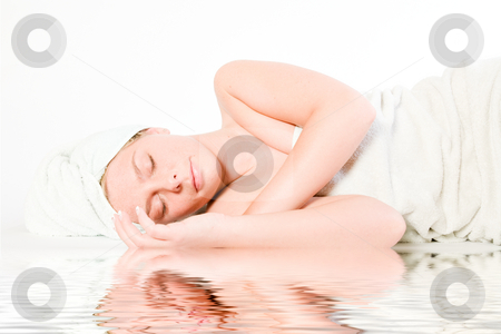 To use this stock image in your creative project, please select the size you need over to the right and click the "Add to Cart" button.
Your downloaded image will come with the Cutcaster watermark removed so don’t worry about the watermark you see on this page. Wellness girl series laying down asleep by the water stock photo, Studio portrait of a spa girl sleeping by the pool by Frenk and Danielle Kaufmann