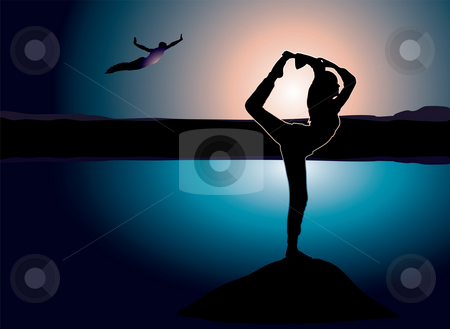 To use this stock image in your creative project, please select the size you need over to the right and click the "Add to Cart" button.
Your downloaded image will come with the Cutcaster watermark removed so don’t worry about the watermark you see on this page. Yoga rock stock photo, Yoga on a rock that is hanging over a lake with a man jumping into the water by Michael Travers