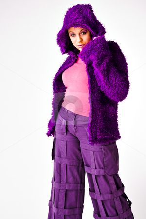 To use this stock image in your creative project, please select the size you need over to the right and click the "Add to Cart" button.
Your downloaded image will come with the Cutcaster watermark removed so don’t worry about the watermark you see on this page. Fashion in purple stock photo, Beautiful young good looking woman with a hooded sweater by Frenk and Danielle Kaufmann