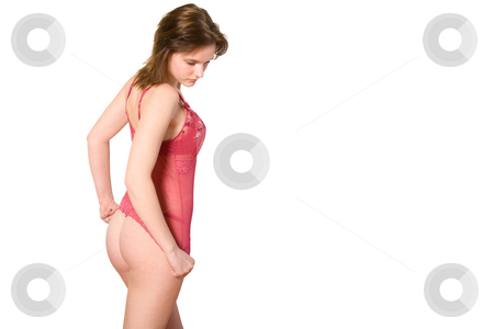 To use this stock image in your creative project, please select the size you need over to the right and click the "Add to Cart" button.
Your downloaded image will come with the Cutcaster watermark removed so don’t worry about the watermark you see on this page. White woman in red lingery stock photo, Studio portrait of a young woman in red lingerie on a white background by Frenk and Danielle Kaufmann