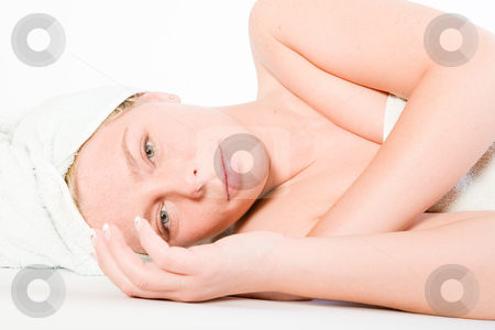 To use this stock image in your creative project, please select the size you need over to the right and click the "Add to Cart" button.
Your downloaded image will come with the Cutcaster watermark removed so don’t worry about the watermark you see on this page. Wellness girl series laying down seeing stock photo, Studio portrait of a spa girl looking by Frenk and Danielle Kaufmann