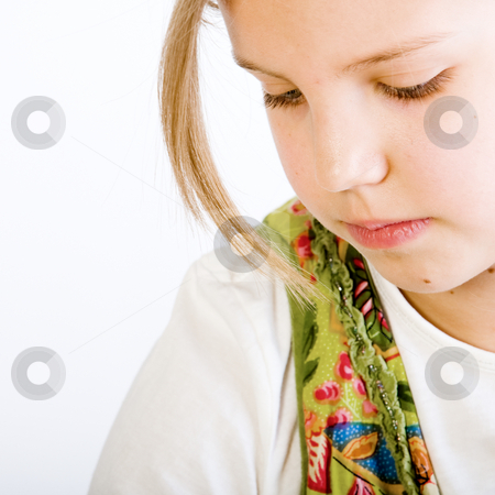 To use this stock image in your creative project, please select the size you need over to the right and click the "Add to Cart" button.
Your downloaded image will come with the Cutcaster watermark removed so don’t worry about the watermark you see on this page. Head shot of a blond young girl looking down stock photo, Studio head shot of a beautiful blond little girl in white shirt and green dress looking dreamy by Frenk and Danielle Kaufmann