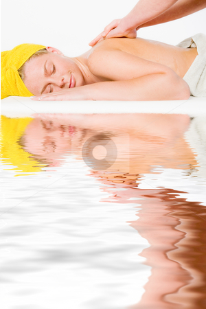 To use this stock image in your creative project, please select the size you need over to the right and click the "Add to Cart" button.
Your downloaded image will come with the Cutcaster watermark removed so don’t worry about the watermark you see on this page. Wellness girl series shoulder massage stock photo, Studio portrait of a spa girl getting a shoulder massage by Frenk and Danielle Kaufmann