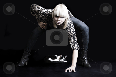 To use this stock image in your creative project, please select the size you need over to the right and click the "Add to Cart" button.
Your downloaded image will come with the Cutcaster watermark removed so don’t worry about the watermark you see on this page. Fashion with a cat 2 stock photo, A model portrait in the studio by Frenk and Danielle Kaufmann