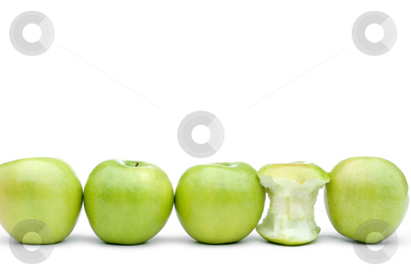 To use this stock image in your creative project, please select the size you need over to the right and click the "Add to Cart" button.
Your downloaded image will come with the Cutcaster watermark removed so don’t worry about the watermark you see on this page. Fresh green apples with one eaten apple stock photo, Green apples line up on a white background with one eaten apple by Vince Clements