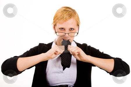 To use this stock image in your creative project, please select the size you need over to the right and click the "Add to Cart" button.
Your downloaded image will come with the Cutcaster watermark removed so don’t worry about the watermark you see on this page. Eating my necktie out of frustration stock photo, Frustrated business woman is eating her necktie by Frenk and Danielle Kaufmann