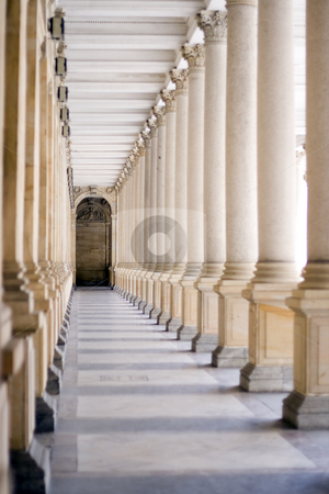 To use this stock image in your creative project, please select the size you need over to the right and click the "Add to Cart" button.
Your downloaded image will come with the Cutcaster watermark removed so don’t worry about the watermark you see on this page. Spa Colonnade stock photo, A spa colonnade with vaulting shafts of marble in Bohemian spa by Petr Koudelka
