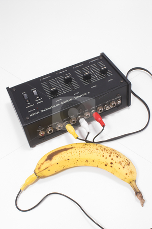To use this stock image in your creative project, please select the size you need over to the right and click the "Add to Cart" button.
Your downloaded image will come with the Cutcaster watermark removed so don’t worry about the watermark you see on this page. Mixed Fruit stock photo, A sound mixer plugged in to a banana. Mixed fruit concept. by Robert Byron