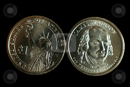 To use this stock image in your creative project, please select the size you need over to the right and click the "Add to Cart" button.
Your downloaded image will come with the Cutcaster watermark removed so don’t worry about the watermark you see on this page. Dollar Coin stock photo, A one dollar James Madison and statue of liberty US coin by Kevin Tietz