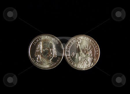 To use this stock image in your creative project, please select the size you need over to the right and click the "Add to Cart" button.
Your downloaded image will come with the Cutcaster watermark removed so don’t worry about the watermark you see on this page. James Madison Coin stock photo, A one dollar James Madison and statue of liberty US coin by Kevin Tietz