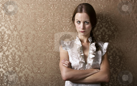 To use this stock image in your creative project, please select the size you need over to the right and click the "Add to Cart" button.
Your downloaded image will come with the Cutcaster watermark removed so don’t worry about the watermark you see on this page. Young Woman Leaning Against a Wall stock photo, Pretty young woman waiting leaning up against a wall with gold wallpaper by Scott Griessel