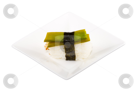 To use this stock image in your creative project, please select the size you need over to the right and click the "Add to Cart" button.
Your downloaded image will come with the Cutcaster watermark removed so don’t worry about the watermark you see on this page. Sushi stock photo, A square white plate with a piece of sushi by Petr Koudelka