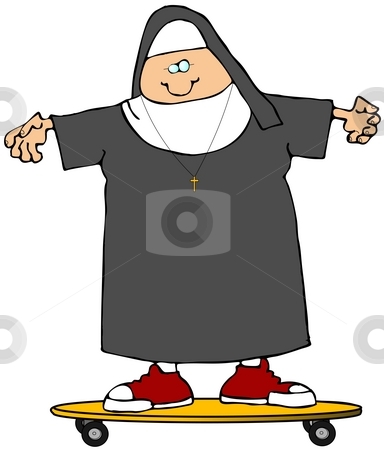 To use this stock image in your creative project, please select the size you need over to the right and click the "Add to Cart" button.
Your downloaded image will come with the Cutcaster watermark removed so don’t worry about the watermark you see on this page. Nun On A Skateboard stock photo, This illustration depicts a Catholic Nun on a skateboard. by Dennis Cox