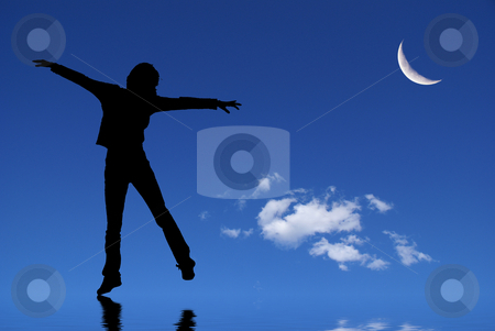 To use this stock image in your creative project, please select the size you need over to the right and click the "Add to Cart" button.
Your downloaded image will come with the Cutcaster watermark removed so don’t worry about the watermark you see on this page. Dancing silhouette stock photo, Woman silhouette dancing on a mirror with a crescent moon in the backgroun by Serge VILLA