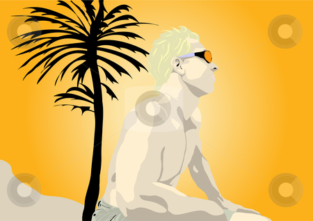 To use this stock image in your creative project, please select the size you need over to the right and click the "Add to Cart" button.
Your downloaded image will come with the Cutcaster watermark removed so don’t worry about the watermark you see on this page. Man sitting in sun with palm tree illustration stock vector clipart, Man sitting in sun set with palm tree vector illustration by John Teeter