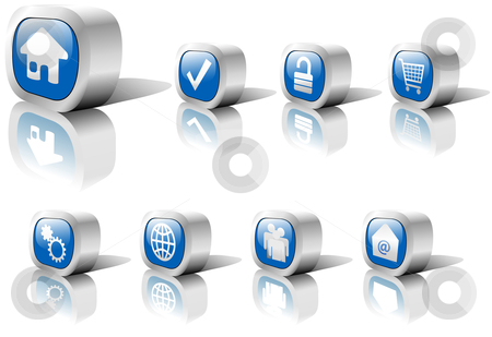 To use this stock image in your creative project, please select the size you need over to the right and click the "Add to Cart" button.
Your downloaded image will come with the Cutcaster watermark removed so don’t worry about the watermark you see on this page. Web Buttons Blue Set in Metal with Reflection stock vector clipart, A set of blue web button icons in shiny metal settings, including reflections and shadows. On white. by Michael Brown