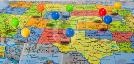 To use this stock image in your creative project, please select the size you need over to the right and click the "Add to Cart" button.
Your downloaded image will come with the Cutcaster watermark removed so don’t worry about the watermark you see on this page. Map of USA stock photo, Map of the USA with colorful pins at various locations by Robert Cabrera