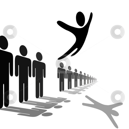 To use this stock image in your creative project, please select the size you need over to the right and click the "Add to Cart" button.
Your downloaded image will come with the Cutcaster watermark removed so don’t worry about the watermark you see on this page. Symbol Person Leaps Out of Line Soars Above People stock vector clipart, A symbol person out from the crowd and flies above a line of people. Jump for joy, escape, or celebration. by Michael Brown
